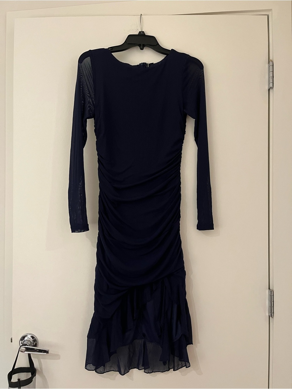 Navy Long-Sleeve Ruched Midi Dress
